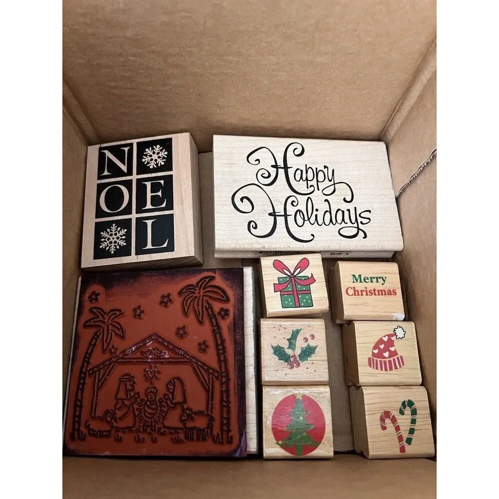 25 Beautiful Christmas Wooden Rubber Stamp Lot Art Vintage Large Craft Scrapbook